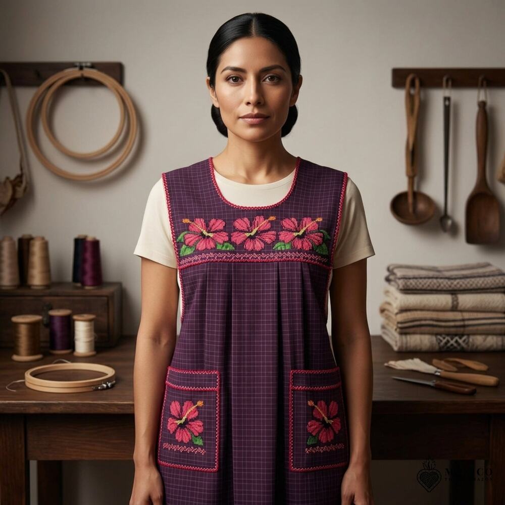 Traditional Mexican Cross-Stitch Embroidered Apron – Deluxe Artisan Smock Style